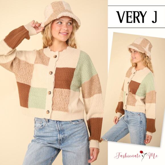 VERY J Color Block Button Down Textured Knit Cropped Sweater Cardigan | Oatmeal - Picture 1 of 10
